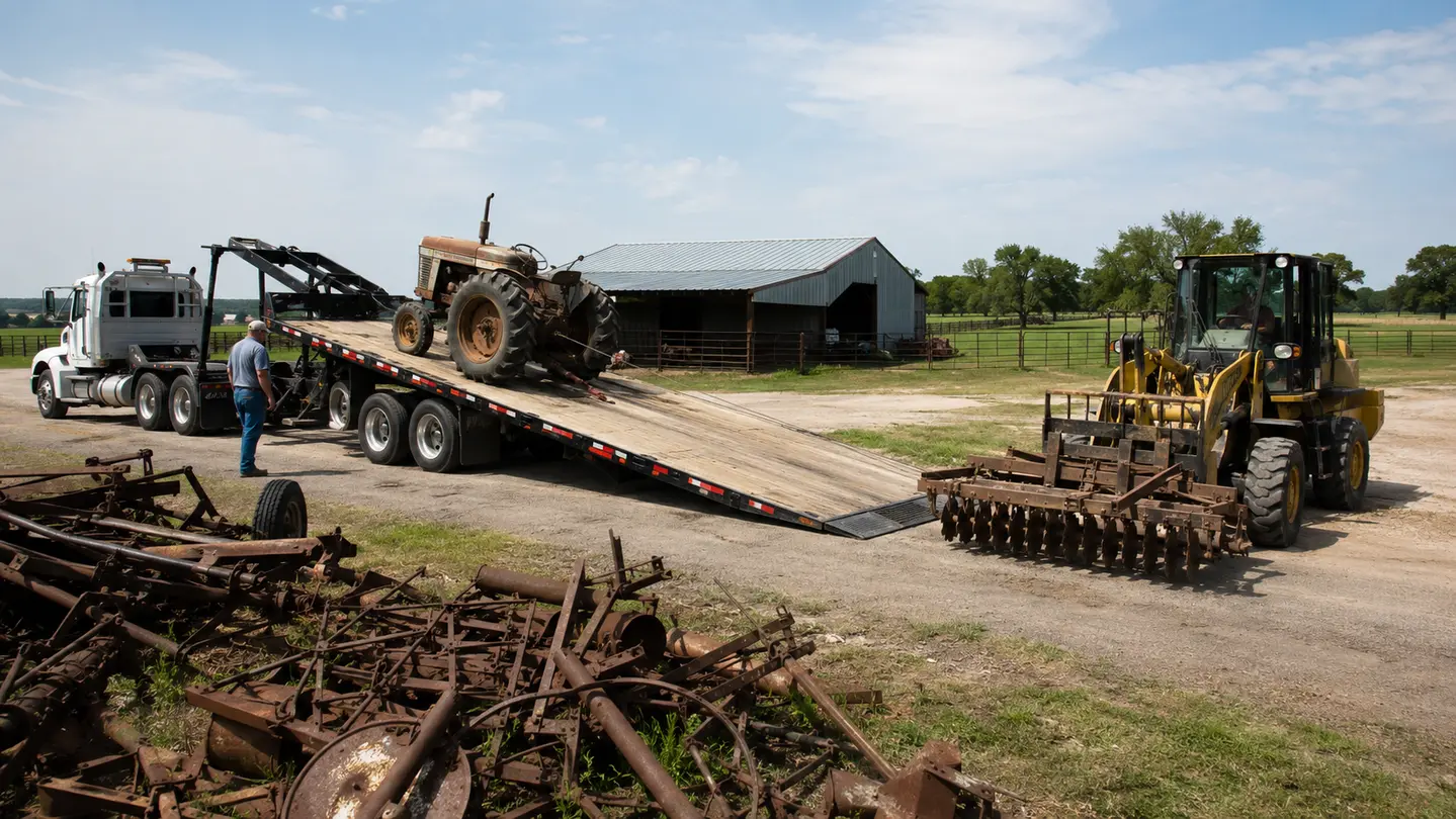 Representative agricultural-property cleanup in progress illustrating machinery transport and implement removal relevant to Jacksboro-area acreage.