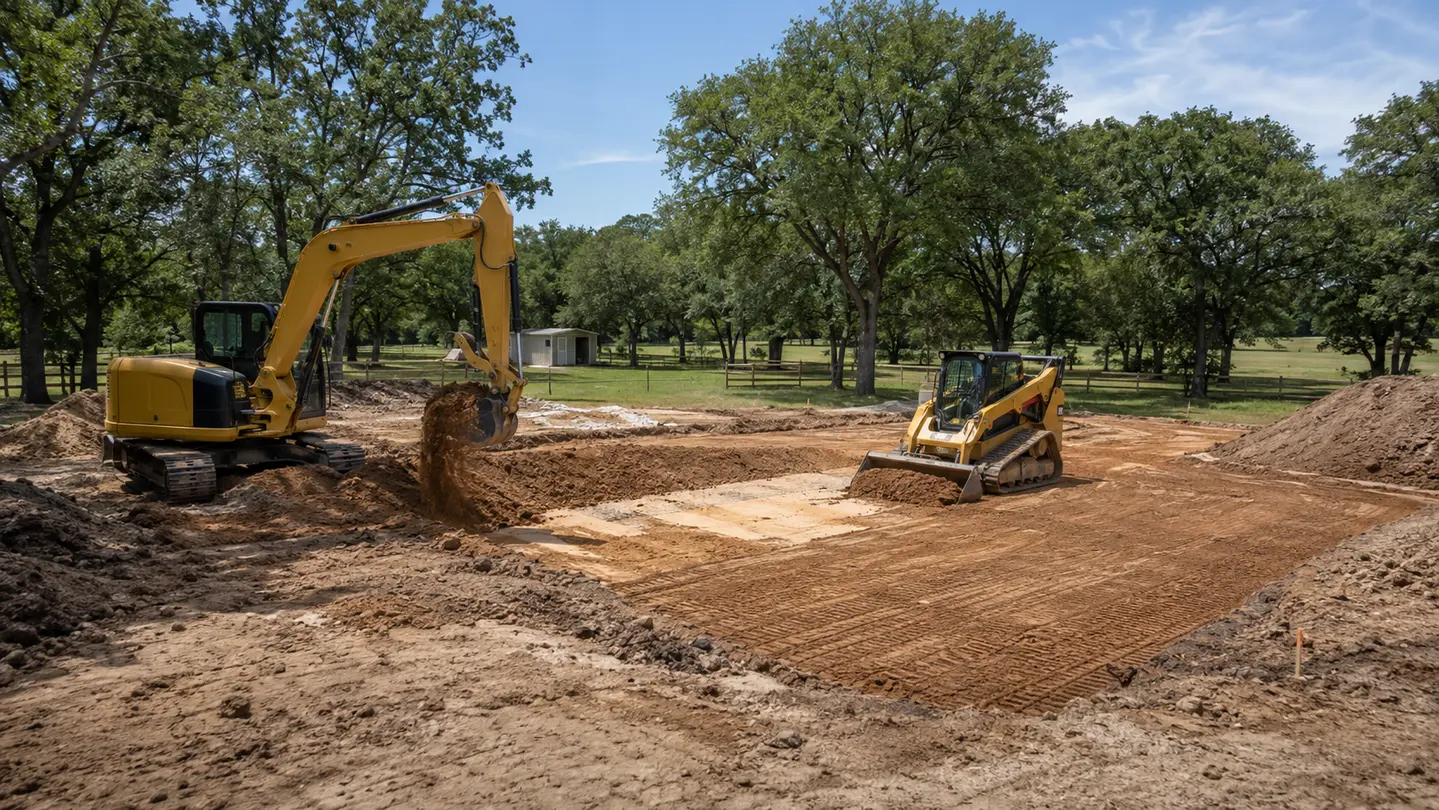 Backfill placement and rough grading in progress after removal of an older improvement.