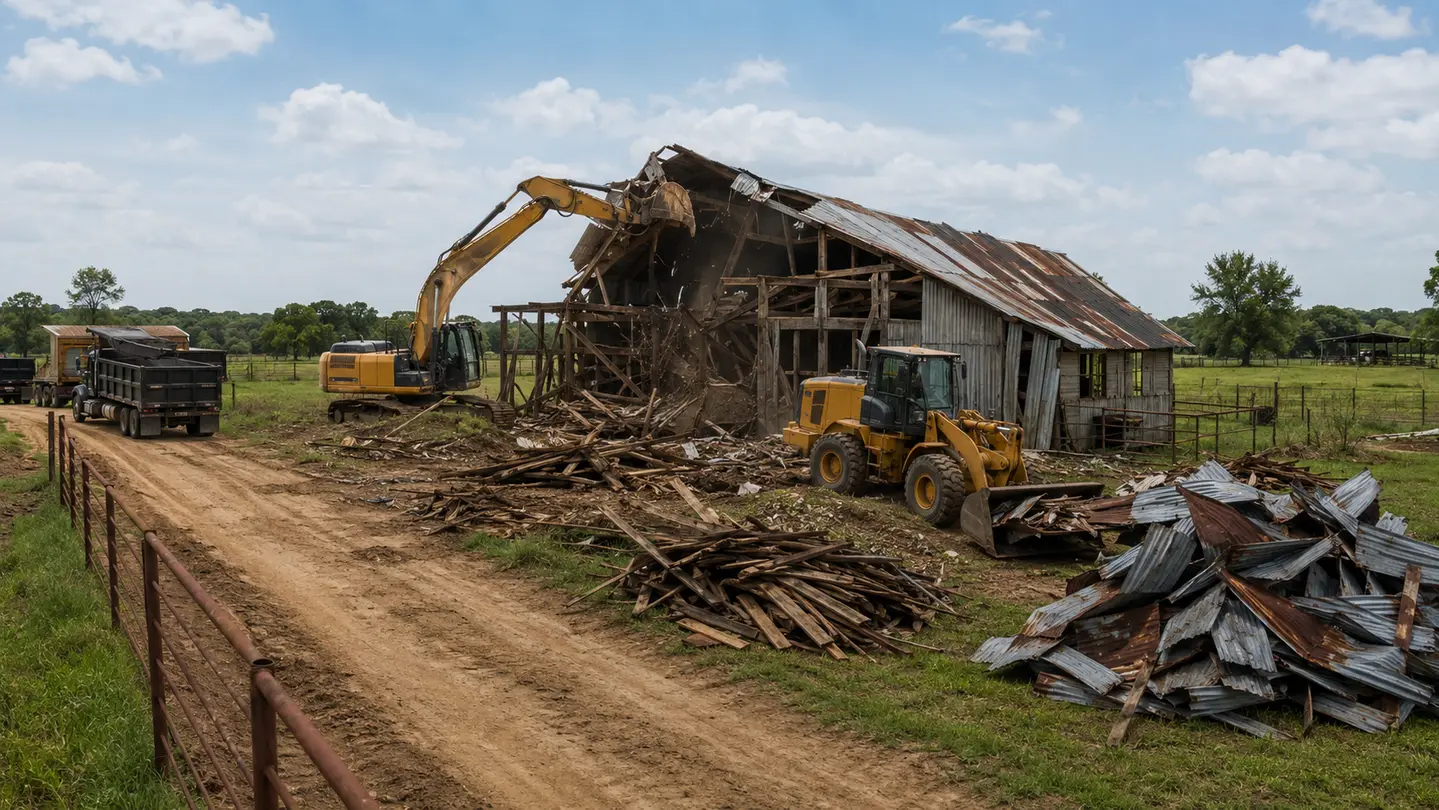 Ranch barn removal in progress with wood and metal separated for loading and hauling.