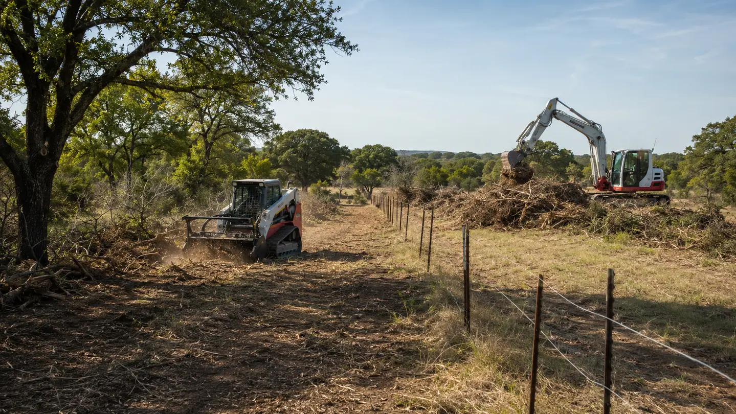 Representative site-cleanup setting showing access improvement, vegetation management, equipment, and material consolidation.