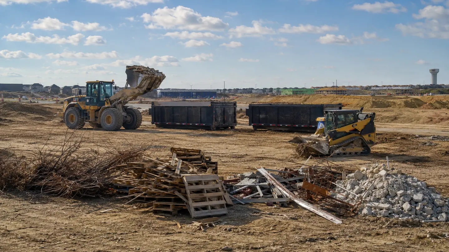 Representative large-site cleanup in progress illustrating equipment, material separation, and controlled loading relevant to Benbrook-area properties.