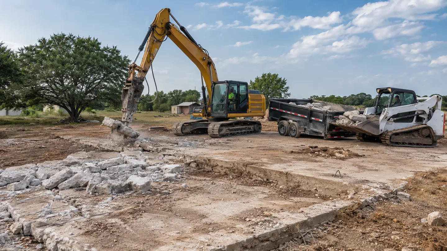 Concrete slab and foundation removal in progress with an excavator and compact track loader.
