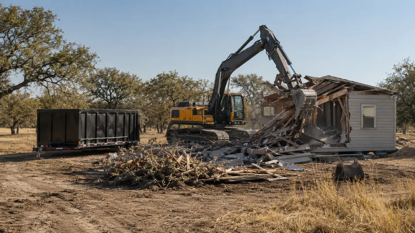 Representative equipment-based site work associated with demolition cleanup, material removal, and rough site preparation.