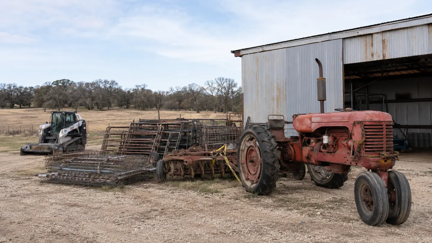 Representative farm-cleanup setting with agricultural equipment, implements, fencing, and an equipment yard.
