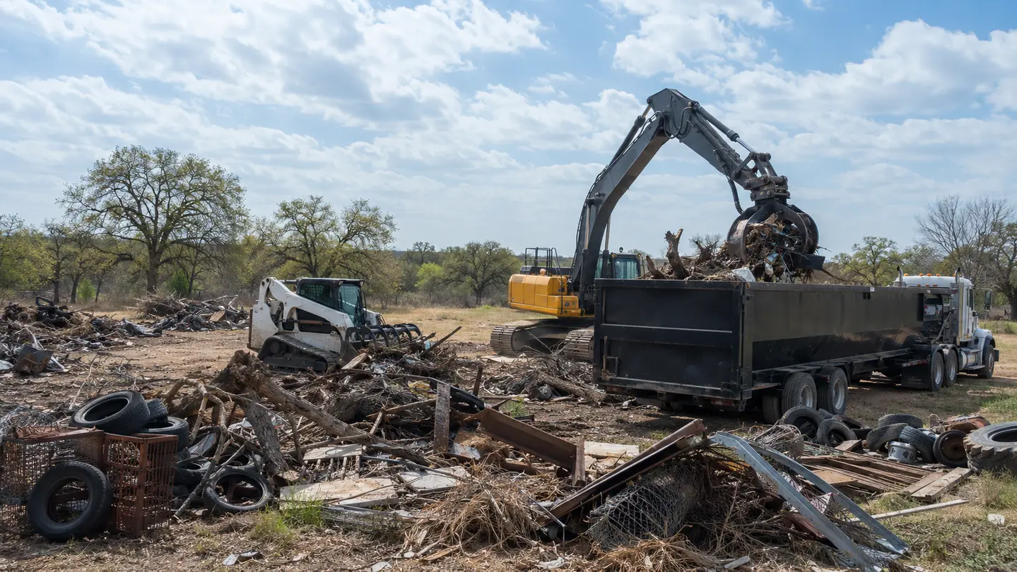 Representative heavy-debris loading illustrates why equipment, material weight, hauling cycles, access, and disposal affect property-cleanup cost.