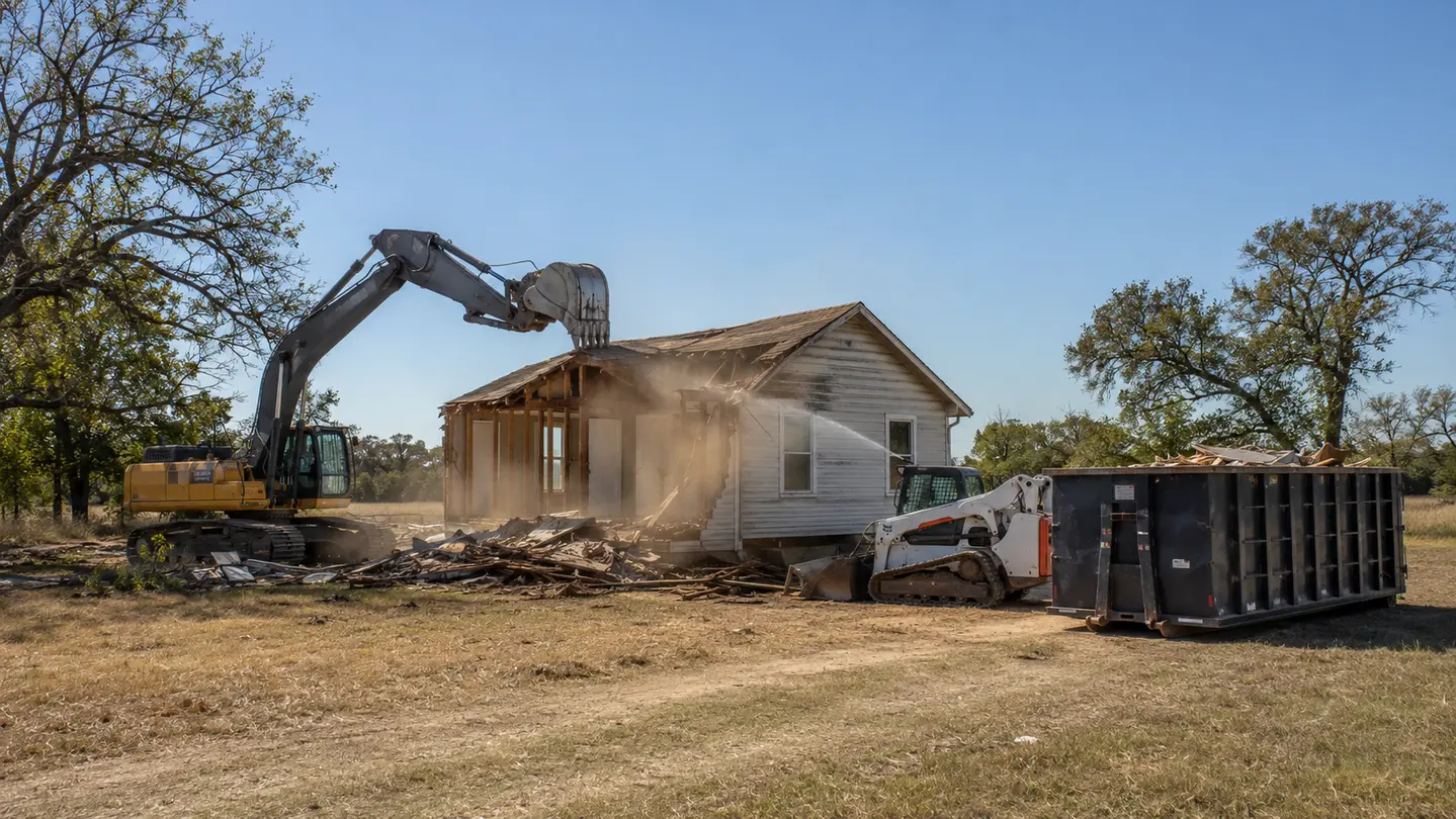 Controlled rural house demolition in progress with excavator, compact loader, and debris container.