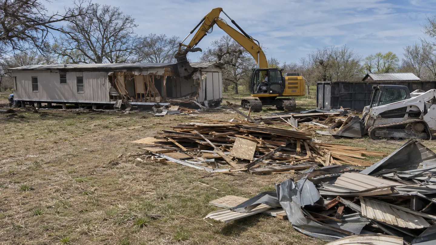 Representative obsolete manufactured home removal in progress on North Texas acreage.