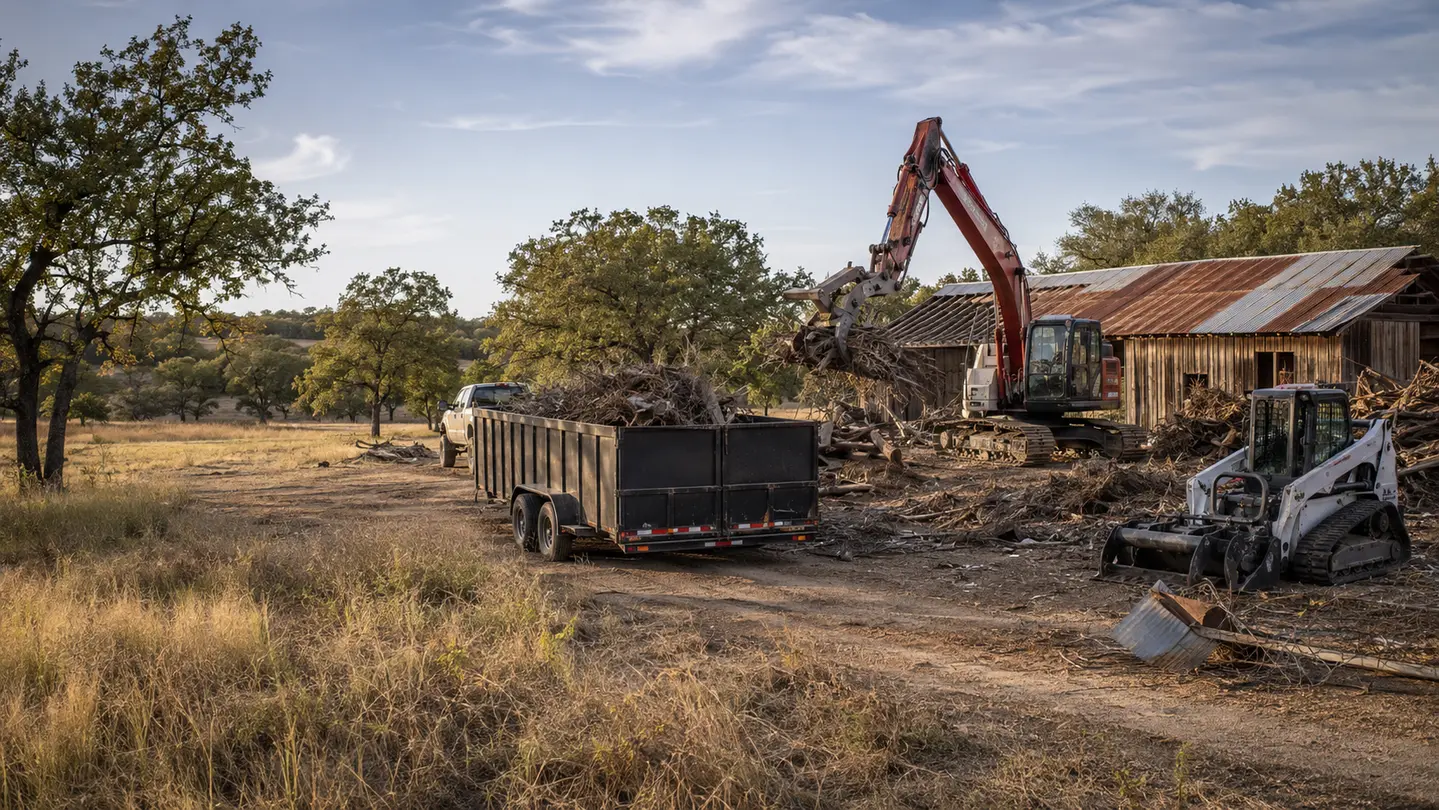 Representative large property cleanup in progress illustrating structures, machinery, brush, debris, and hauling relevant to Springtown-area projects.