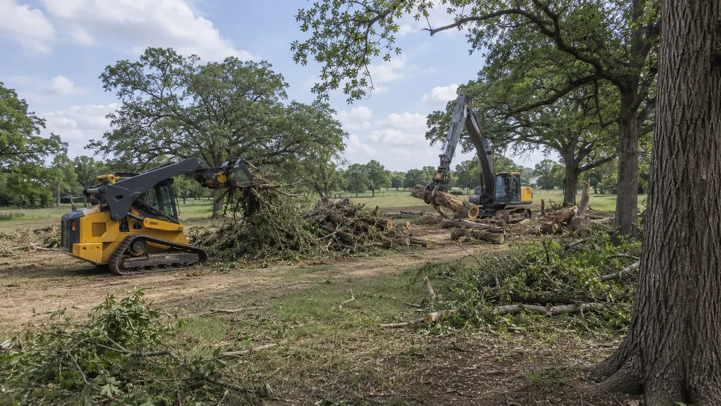 Storm debris and large brush cleanup in progress beneath retained mature trees on North Texas acreage.