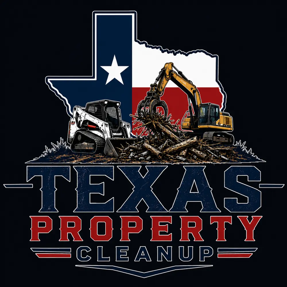 Texas Property Cleanup logo featuring an excavator, skid steer, and the outline of Texas.